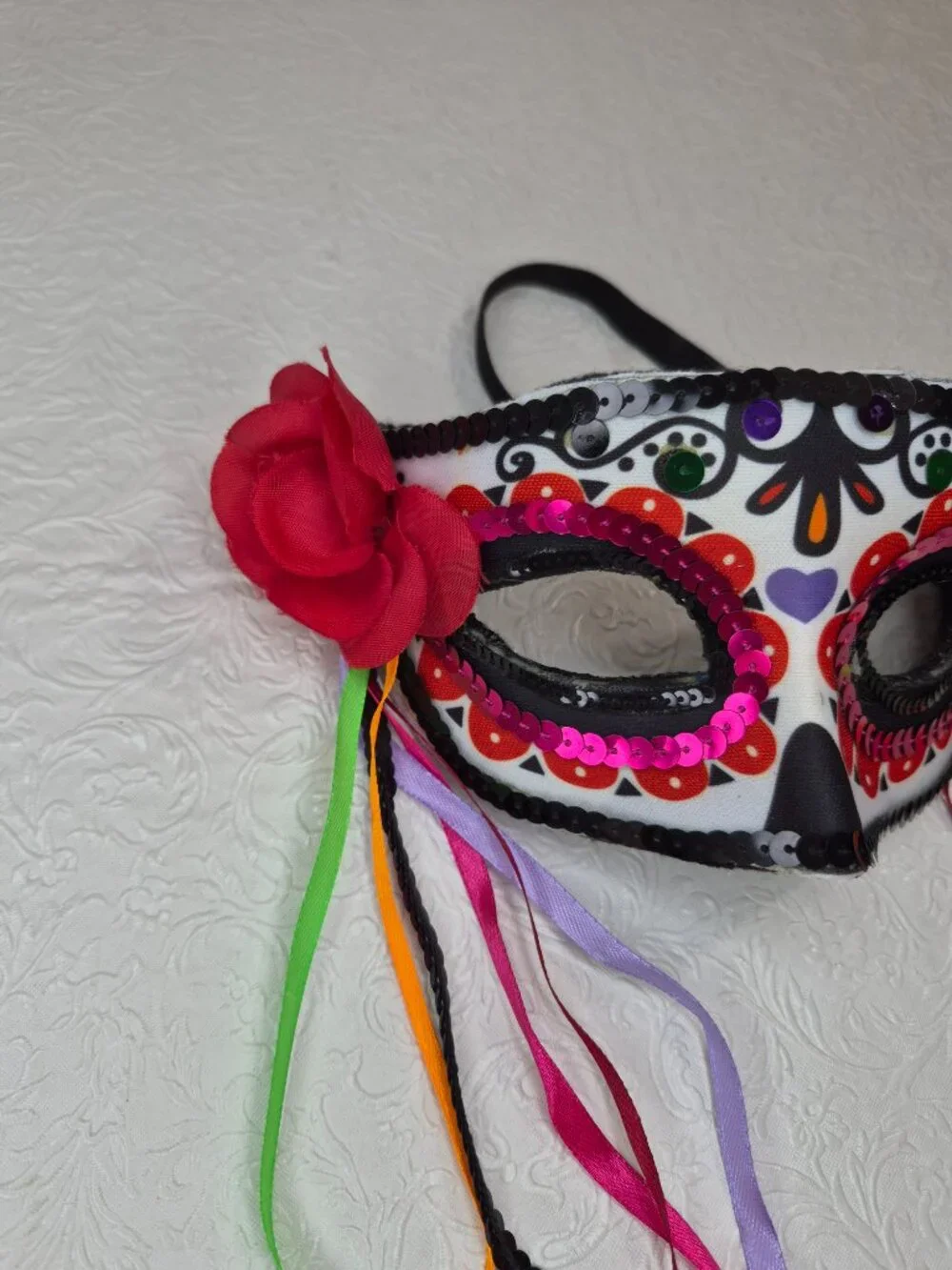 Adult Sequin Floral Halloween Masquerade Costume Mask Red Black Pink Streamers